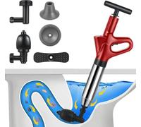 Desatascador de Tuberías con Aire Comprimido, Desatascador de Inodoro con Barómetro, Desatascador Tuberias a Presion con 4 Cabezas de Pistón e Inflador para Inodoro, Lavabo, Bañera (Rojo)