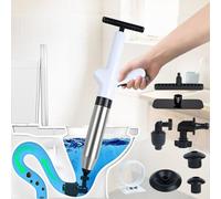 Desatascador Profesional de Tuberías con Aire Comprimido (4 Cabezales) - Bomba de Alta Presión con Manómetro para WC, Lavabo, Ducha y Fregadero - Kit Anti-Atascos para Desagües, Bañeras y Sifones