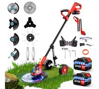 Desbrozadora a Bateria con Ruedas 12 Inch, Cortabordes Electrico de 800W con Pantalla LCD, Desbrozadora Electrica 2 Baterías 6000 mAh, 4 Tipos de Cuchillas para Césped, Jardín, Patio