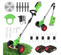 Desbrozadora a Batería Plegable con Ruedas, 800W Cortabordes Eléctrico 4 en 1 con 2 Baterías 21V, Mango Ajustable, Compatible con Makita 18V, Cabezal 90°, Cortacésped Recortadora para Jardín y Maleza