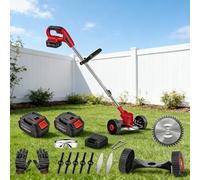 Desbrozadora de jardín inalámbrica, ligera y eléctrica con 2 baterías, cargador, 3 tipos de cuchillas y ruedas para uso en césped y jardín