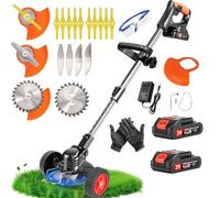 Desbrozadora eléctrica inalámbrica de 21 V, corte de borde inalámbrico con batería y cargador rápido y 4 tipos de cuchillas, desbrozadora de batería con rueda, ligera y de bajo ruido para jardín