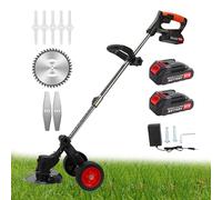 Desbrozadora inalámbrica de 21 V con ruedas | Desherbidor de mango telescópico con 2 baterías 2000 mAH&3 tipos de cuchillas | Corte de césped para césped de jardín