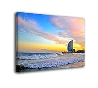 Desconocido Cuadro Lienzo Canvas Playa Barcelona Atardecer Luces Sol - Varias Medidas - Lienzo de Tela Bastidor Madera de 3 cm - Impresion Alta resolucion (60, 39)