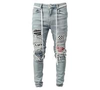 Desconocido Hombres Slim Fit Medio de la Cintura Pata Recta desgarrada Agujeros afligidos clásicos Parches Vaqueros (Light Blue,M)