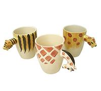 Desconocido SET 3 TAZAS MUG CERAMICA LISA Y CRAQUELET CONICA 340 ML INFANTIL ASA FORMA ANIMAL TIGRE LEOPARDO JIRAFA VARIADO
