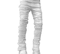 Desconocido Vaqueros Apilados para Hombres Slim Straight Skinny Distressed Denim Pants Destruidos Jeans Streetwear (White,XXL)