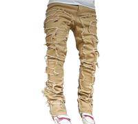 Desconocido Vaqueros Apilados para Hombres Slim Straight Skinny Distressed Denim Pants Destruidos Jeans Streetwear (Khaki,XL)
