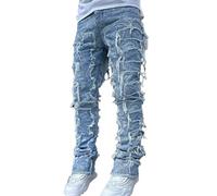Desconocido Vaqueros Apilados para Hombres Slim Straight Skinny Distressed Denim Pants Destruidos Jeans Streetwear (Color 2,L)