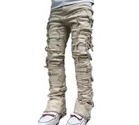 Desconocido Vaqueros Apilados para Hombres Slim Straight Skinny Distressed Denim Pants Destruidos Jeans Streetwear (Apricot,XXL)