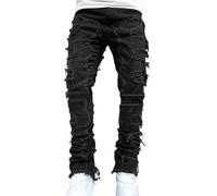 Desconocido Vaqueros Apilados para Hombres Slim Straight Skinny Distressed Denim Pants Destruidos Jeans Streetwear (Black,XL)