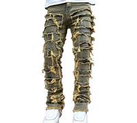 Desconocido Vaqueros Apilados para Hombres Slim Straight Skinny Distressed Denim Pants Destruidos Jeans Streetwear (Yellow,M)