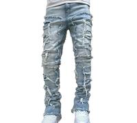 Desconocido Vaqueros Apilados para Hombres Slim Straight Skinny Distressed Denim Pants Destruidos Jeans Streetwear (Light Blue,XXL)
