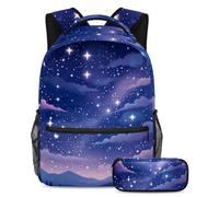 Descubre el compañero perfecto para tu viaje académico: juego de mochila escolar de 2 piezas, cielo estrellado morado, multicolor, B:29.4x20x40cm P:19x7.5x3.8cm, Mochilas daypack