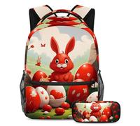 Descubre el compañero perfecto para tu viaje académico: juego de mochila escolar de 2 piezas, huevo de conejo de Pascua rojo, multicolor, B:29.4x20x40cm P:19x7.5x3.8cm, Mochilas de día