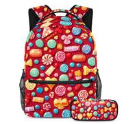 Descubre el compañero perfecto para tu viaje académico: juego de mochila escolar de 2 piezas, patrón de caramelo rojo, multicolor, B:29.4x20x40cm P:19x7.5x3.8cm, Mochilas de día