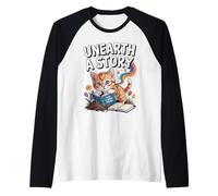 Descubre una Historia; Lindo Gatito Lee un Libro Camiseta Manga Raglan