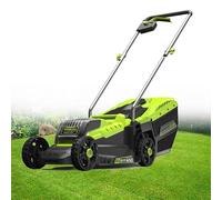 Desechadora eléctrica y escarificador 2 en 1 con motor de 15 amperios, bolsa de colección de 14.5 galones, profundidad de 3 posiciones, mango plegable para césped y jardines