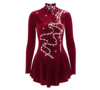 Desgaste De La Competencia Formación De Manga Larga De Patinaje Sobre Hielo De Las Niñas Vestido De Terciopelo Rojo De Patinaje Artístico Vestido De Las Mujeres Transpirable Hecha A Mano(XS)
