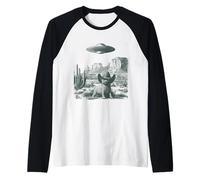 Desierto Gato en Sombrero UFO Encuentro Vintage Grabado Camiseta Manga Raglan