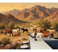 Desierto Montañas Manadas De Caballos Papel Pintado Panorámico 300x210cm, Paisaje Clásico Del Oeste Papel Pintado De Seda, Grandes Murales Para Salón Sala De Estar Estudio Decoración, Marrón