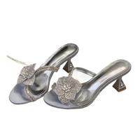 Design Heels Women Fashion Rhinestone Flower Narrow Strap Summer Slipper Elegant Backless Sexy High Heeled Sandals Ladies(Silver,41)