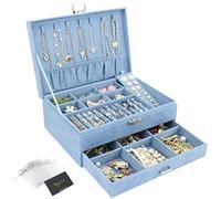 DesignSter Caja joyero, Organizador de Joyas Grande con Cajón y Cerradura, Organizador Joyas Joyeros Organizador Terciopelo de 2 Niveles, Caja organizadora para Collares Pendientes, Azul