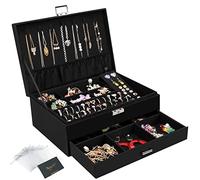 DesignSter Caja joyero, Organizador de Joyas Grande con Cajón y Cerradura, Organizador Joyas Joyeros Organizador Terciopelo de 2 Niveles, Caja organizadora para Collares Pendientes, Negro