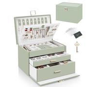 DesignSter Joyero con 2 cajones, organizador de joyas con cerradura de 3 capas con espejo, estuche grande de cuero para guardar joyas, pendientes, collares, anillos, pulseras, color verde aguacate