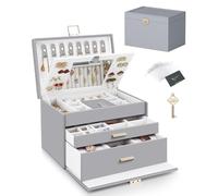 DesignSter Joyero con 2 cajones, organizador de joyas con cerradura de 3 capas con espejo, estuche grande de cuero para guardar joyas, pendientes, collares, anillos, pulseras, color gris