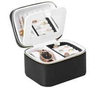 DesignSter Joyero de viaje para mujer, pequeño organizador de joyas de viaje con espejo, caja de almacenamiento portátil de poliuretano de 2 capas para anillos, aretes, collares, pulseras, color negro