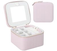 DesignSter Joyero de viaje, pequeño organizador de joyas de viaje con espejo, caja de almacenamiento portátil de 2 capas de poliuretano para mujeres y niñas, color morado
