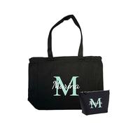 desiGntec Pack bolsa polialgodón y neceser 407 gr de algodon | Personalizable con inicial y nombre | Color negro | Tote bag personalizada | Neceser personalizable