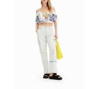 Desigual Desigual - Blusa corta fruncido ilustraciones de mujer. Blanco Talla 46