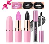 Desing Wish 3 Piezas Negro Pintalabios Glitter Magico Labial Cambia Color PH Pintalabios Labiales Barra Labios Permanente Bálsamo Labial Hidratante Lip Tint Gloss Lapiz Kit Maquillaje Regalo Mujeres