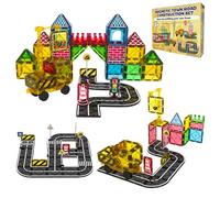 Desire Deluxe Road Magnetic Tiles - Set de Coche Grúa Magnético para Niños, Juguetes Educativos Stem Montessori Pequeños, Juguetes de Construcción para Niños y Niñas - Regalo para Mayores de 3 Años