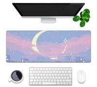 Desk Mat, Anime Moon City Night Scene Extended Gaming Mouse Pad Large, 31.5"x11.8" Big Mouse Pad with Non-Slip Base and Stitched Edge, Long Computer Keyboard Mouse Mat for Home Office Work