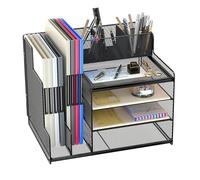 Desk Organizers and Accessories, Spacious Metal Mesh Rack, Black Finish with Sliding Drawer, Ergonomic Document Storage Tray, Multi-Function Desk Caddy with Wire Design, Pen Holder for Workplace