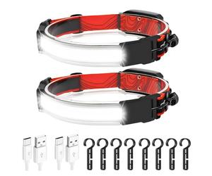 Deskium 2 faros delanteros recargables por USB, faro COB de camping con haz ancho, lámpara de cabeza de luz roja con 3 modos, pantalla de alimentación de cuatro rejillas, luz frontal ligera para