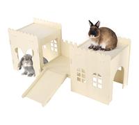 Deskium Castillo de conejito en madera, escondite grande de conejo de 32 pulgadas con 3 habitaciones, casa de juegos para mascotas pequeñas interiores y torre de escalada, hábitat ventilado para