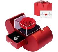Deskium Collar romántico con texto en inglés "I Love You" en 100 idiomas con rosa real, juego de regalo de cadena de garra de corazón, elegante caja roja para el día de San Valentín, 8.5 x 3.5 x 4.7