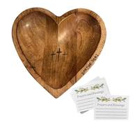 Deskium Cuenco de oración de corazón con cruz, cuenco de oración de madera, 24 tarjetas de bendición incluidas, acabado vintage, para decoración del hogar y regalo