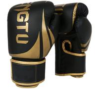 Deskium Guantes de boxeo de cuero de alto impacto para adultos, guantes de entrenamiento acolchados de poliuretano, soporte elástico para la muñeca, color negro y dorado, 14 onzas, se adapta a manos
