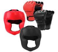 Deskium Juego de 4 guantes de boxeo y casco para adultos, incluye 2 pares de guantes y 2 equipos de protección para la cabeza, fabricados con piel sintética y acolchado de espuma