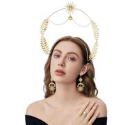 Deskium Tocado y aretes de corona de halo, tocado de diosa bohemio, accesorios de estrella de luna y hoja dorada para mujer, diadema de halo para novia, boda, fiesta de disfraces