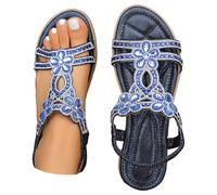 Desnudo Pies Mujer Verano Cómodo Sandalias Con Diamantes De Imitación Y Desnudo Pies Elásticos De Tobillo Punta Abierta Zapato De Playa Zapatos Planos Antideslizante Plataforma Cuña, azul, 36 EU