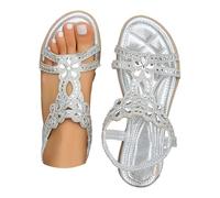 Desnudo Pies Mujer Verano Cómodo Sandalias Con Diamantes De Imitación Y Desnudo Pies Elásticos De Tobillo Punta Abierta Zapato De Playa Zapatos Planos Antideslizante Plataforma Cuña, plata, 39 EU