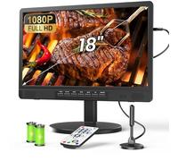 Desobry TV portátil de 18 Pulgadas con Antena, Mini televisión LCD con sintonizador DVB/T2, 12V TV Recargable 6000mAh con Soporte Redondo para Camping al Aire Libre, Dormitorio, Cocina