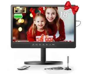 Desobry TV portátil de 18 Pulgadas con Antena, Mini televisión LCD con sintonizador DVB/T2, 12V TV Recargable 6000mAh con Soporte Redondo para Camping al Aire Libre, Dormitorio, Cocina