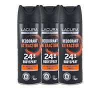 Desodorante en spray corporal Attraction (3 x 200 ml), paquete de 3 desodorantes en spray para hombres, protección 24 horas, aroma sensual y fórmula antimanchas blancas, desodorante vegano sin